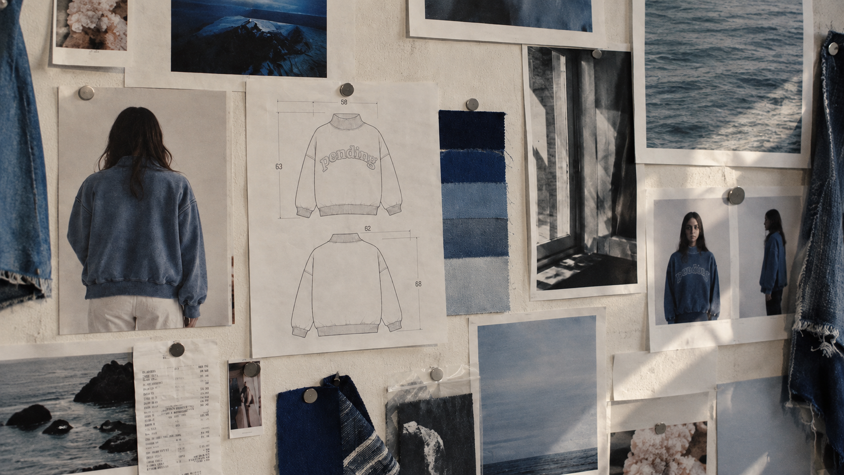 Pending moodboard wall — technical drawing of the mock-neck hoodie pinned among ocean photographs, indigo fabric swatches and campaign stills